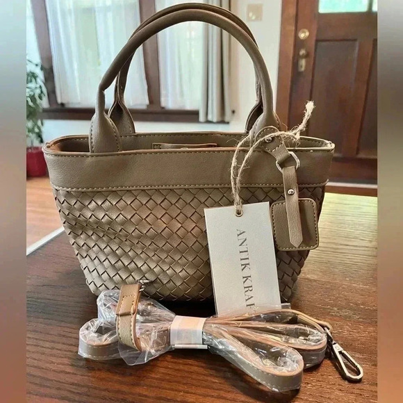 Woven crossbody/handbag, stone color vegan leather, adjustable strap, NWT - Picture 2 of 5